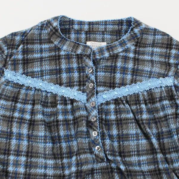 Celestial Dreams Women's Fleece Nightgown Blue Gray Plaid XL 16-18