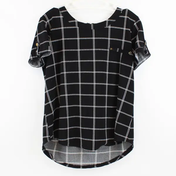 Sweet Wanderer Women's Medium Black White Grid Short Sleeve Top
