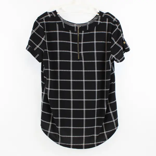Sweet Wanderer Women's Medium Black White Grid Short Sleeve Top