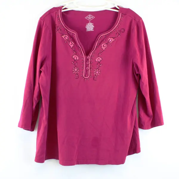 St. John's Bay Women's XL Magenta Pink Embroidered 3/4 Sleeve Top