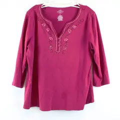 St. John's Bay Women's XL Magenta Pink Embroidered 3/4 Sleeve Top