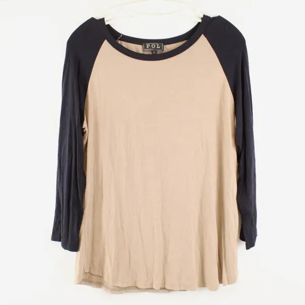 POL Women's Large Beige Black 3/4 Sleeve Raglan Top