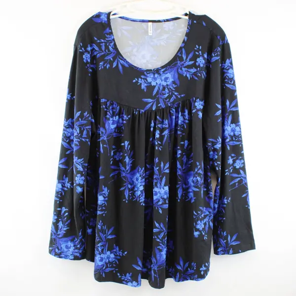 Tencede Women's Floral Long Sleeve Top Blue Black 2XL 95% Rayon 5% Spandex