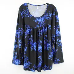 Tencede Women's Floral Long Sleeve Top Blue Black 2XL 95% Rayon 5% Spandex