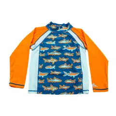 UV Skinz Boys Long Sleeve Rash Guard Size 7 Orange Blue Shark Print