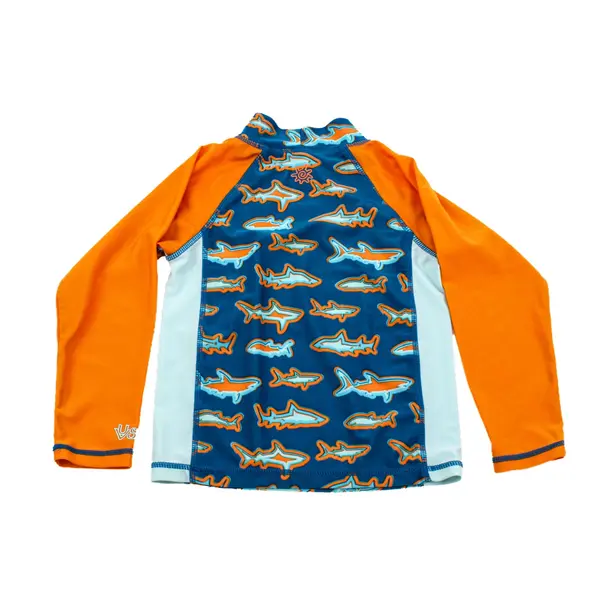 UV Skinz Boys Long Sleeve Rash Guard Size 7 Orange Blue Shark Print