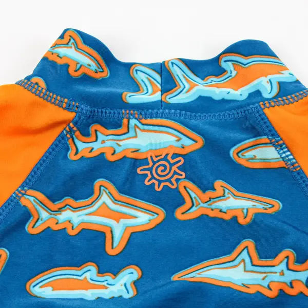 UV Skinz Boys Long Sleeve Rash Guard Size 7 Orange Blue Shark Print