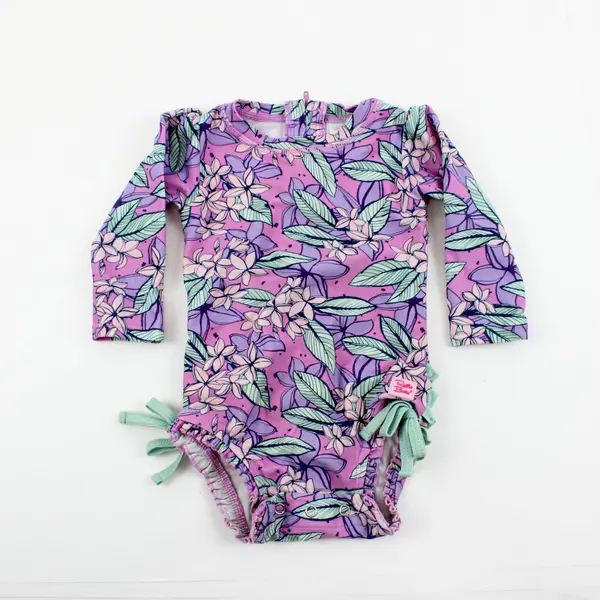 RuffleButts Girls Purple Green Floral Ruffle One-Piece Swimsuit 6-12M