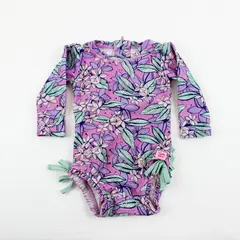 RuffleButts Girls Purple Green Floral Ruffle One-Piece Swimsuit 6-12M