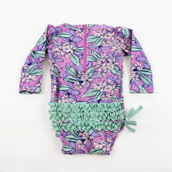 RuffleButts Girls Purple Green Floral Ruffle One-Piece Swimsuit 6-12M