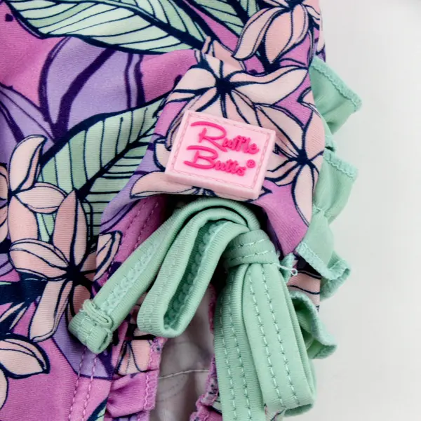 RuffleButts Girls Purple Green Floral Ruffle One-Piece Swimsuit 6-12M