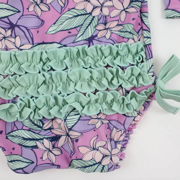 RuffleButts Girls Purple Green Floral Ruffle One-Piece Swimsuit 6-12M