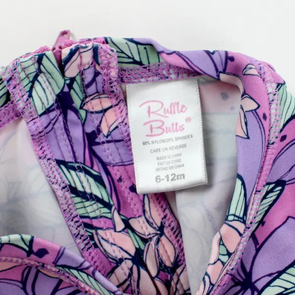 RuffleButts Girls Purple Green Floral Ruffle One-Piece Swimsuit 6-12M
