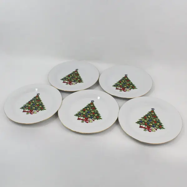 Sea Gull Fine China Christmas Tree Dinner Plates 5pc 10.5in Gold Trim