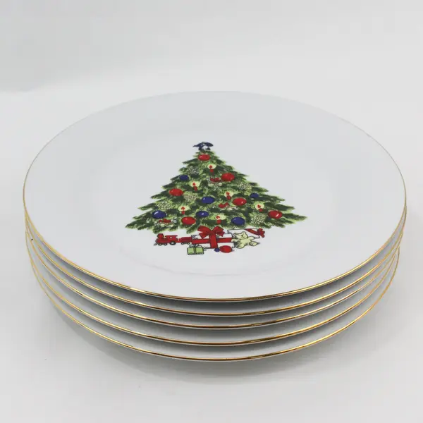 Sea Gull Fine China Christmas Tree Dinner Plates 5pc 10.5in Gold Trim