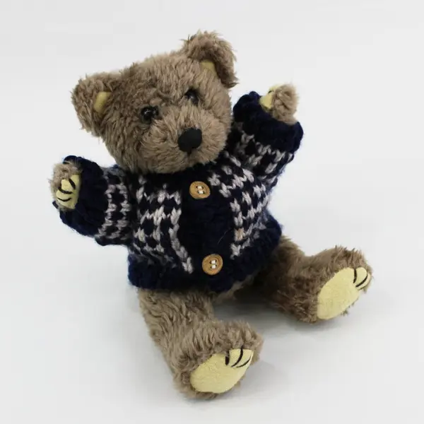 Hugfun 1998 Jointed Poseable Brown Teddy Bear Plush Blue Cream Sweater, 8"