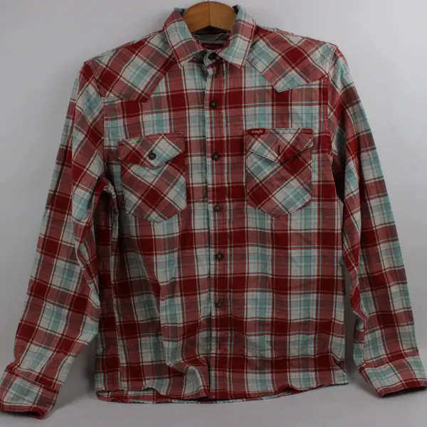 Wrangler Men's Small Red White Light Blue Plaid Western Long Sleeve Shirt