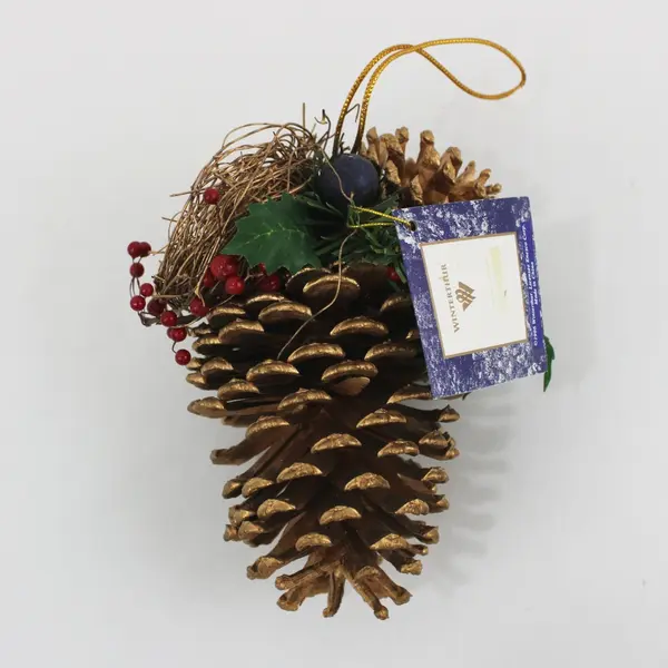 Winterthur Gold Pine Cone Christmas Ornament Bird Nest Red Berries Greenery