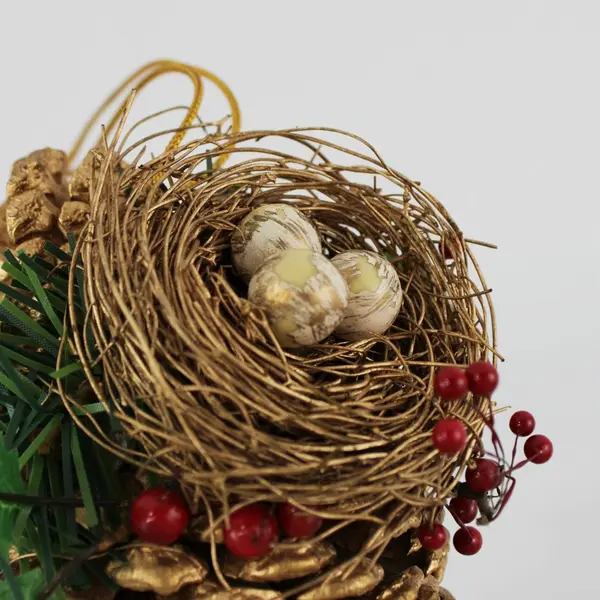 Winterthur Gold Pine Cone Christmas Ornament Bird Nest Red Berries Greenery