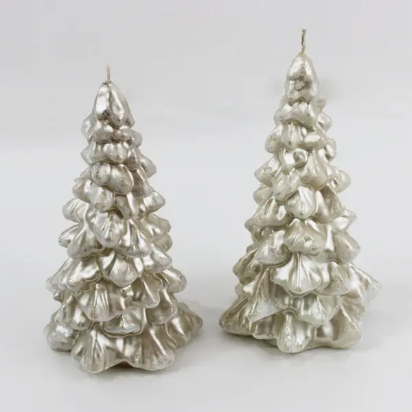 Pair Silver Pearl White Christmas Tree Candles Made in Poland 9 Inch