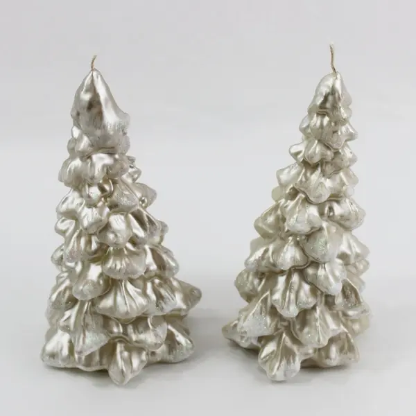 Pair Silver Pearl White Christmas Tree Candles Made in Poland 9 Inch