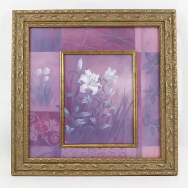 Vir Signed Framed Purple Pink Floral Art Print Ornate Distressed Gold Frame