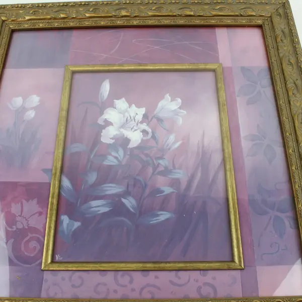 Vir Signed Framed Purple Pink Floral Art Print Ornate Distressed Gold Frame