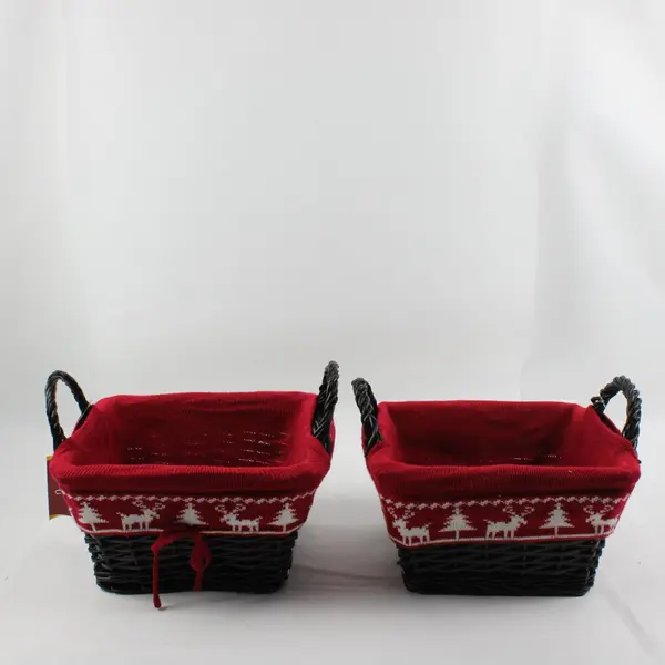 Lot of 2 Square Willow Baskets with Red Christmas Liners