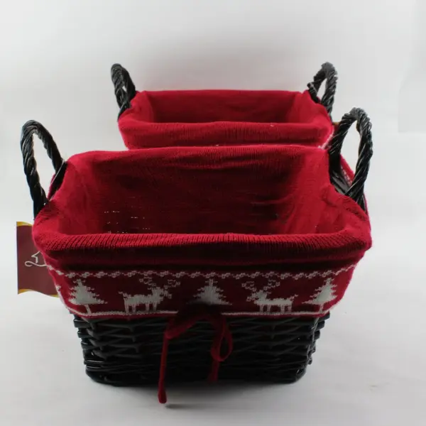 Lot of 2 Square Willow Baskets with Red Christmas Liners