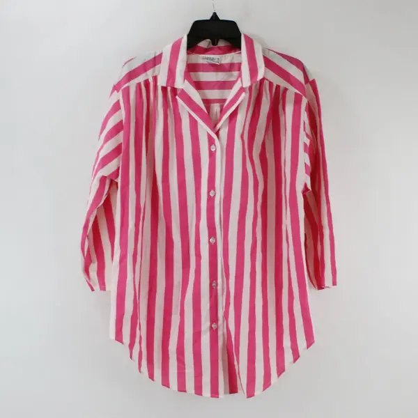 Brylane Women's A4 Pajama Top Pink White Striped Button-Up Minor Discoloration