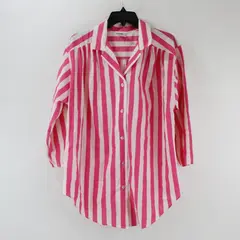 Brylane Women's A4 Pajama Top Pink White Striped Button-Up Minor Discoloration