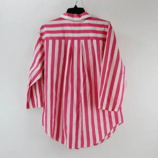 Brylane Women's A4 Pajama Top Pink White Striped Button-Up Minor Discoloration