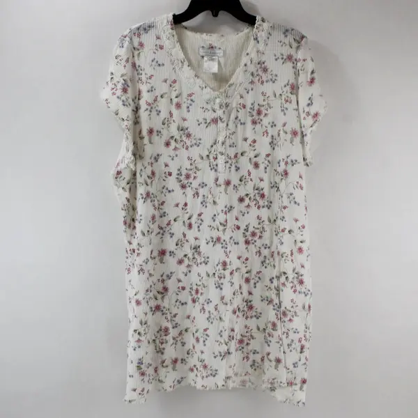 Earth Angels 11-0264R Women's XL Floral Sleep Shirt White Cotton Blend