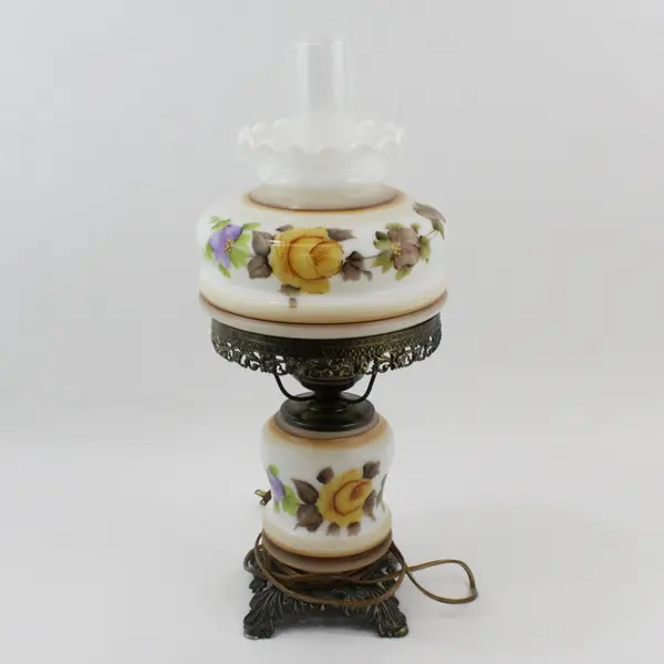 1973 L&L WMC Hand Painted Hurricane Table Lamp Yellow Rose Pattern