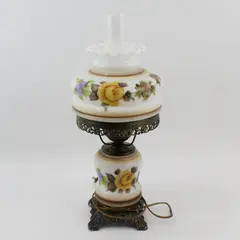 1973 L&L WMC Hand Painted Hurricane Table Lamp Yellow Rose Pattern