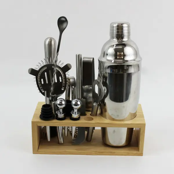 Unbranded Stainless Steel Cocktail Shaker Bartender Tool Set Wooden Stand