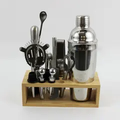 Unbranded Stainless Steel Cocktail Shaker Bartender Tool Set Wooden Stand