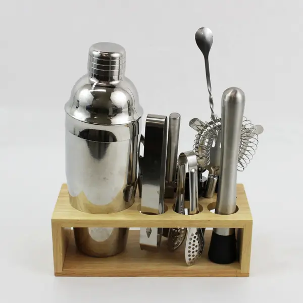 Unbranded Stainless Steel Cocktail Shaker Bartender Tool Set Wooden Stand