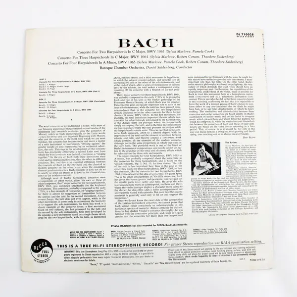Sylvia Marlowe Decca Gold Label Bach 2/3/4 Harpsichords 12in LP DL 710028