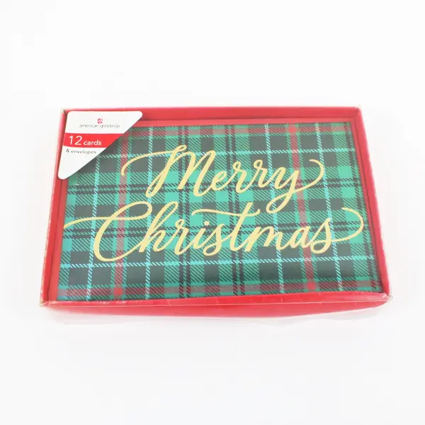 American Greetings Merry Christmas Green Plaid Cards Set of 12