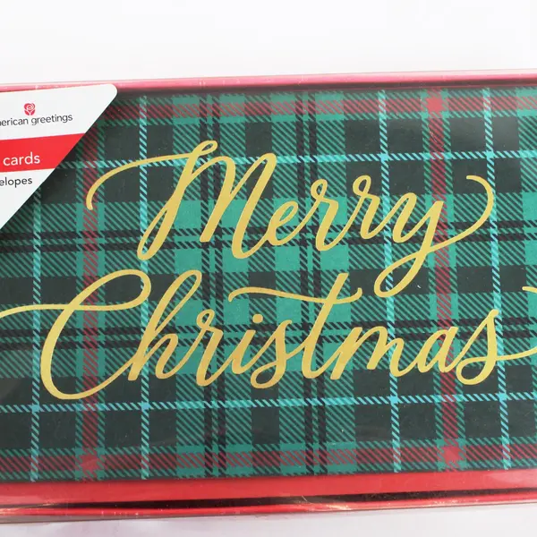 American Greetings Merry Christmas Green Plaid Cards Set of 12