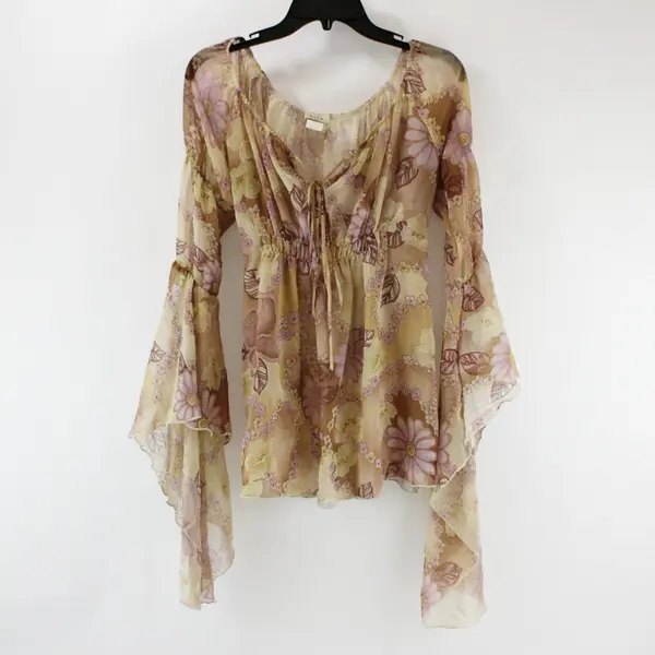 Aria Women's Sheer Floral Blouse Small Beige Purple Flare Sleeves