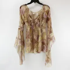 Aria Women's Sheer Floral Blouse Small Beige Purple Flare Sleeves