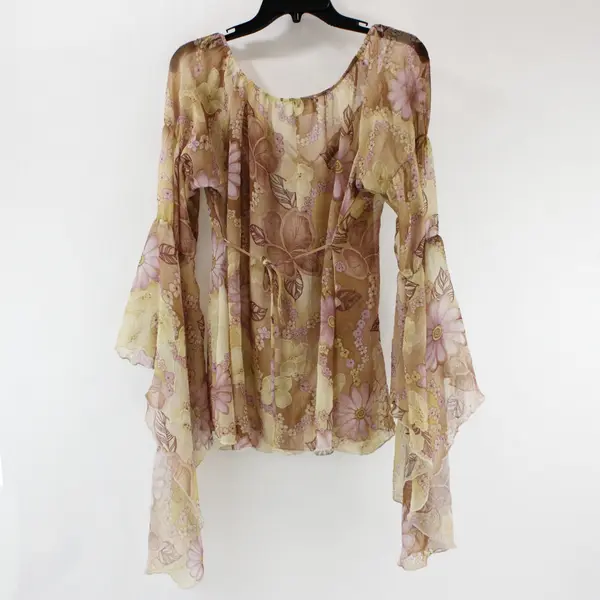 Aria Women's Sheer Floral Blouse Small Beige Purple Flare Sleeves