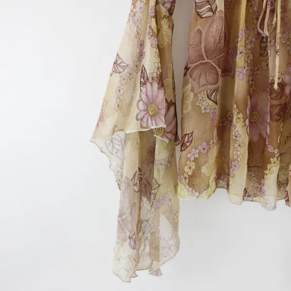 Aria Women's Sheer Floral Blouse Small Beige Purple Flare Sleeves