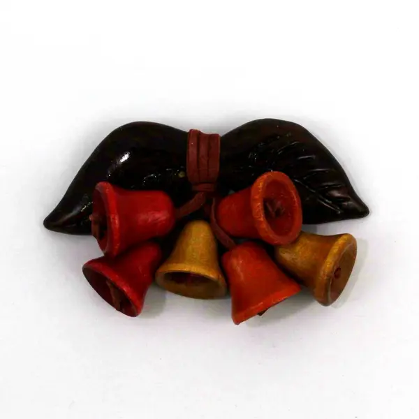 Miriam Haskell Carved Wood Leaf Brooch Colorful Wooden Bells Rustic Holiday