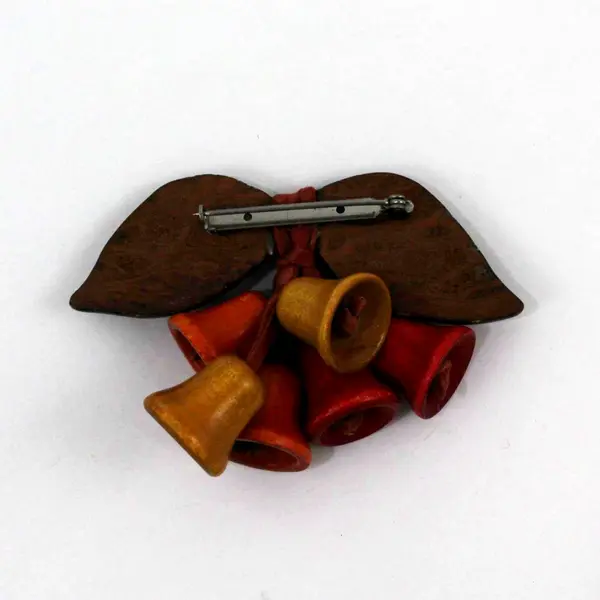 Miriam Haskell Carved Wood Leaf Brooch Colorful Wooden Bells Rustic Holiday