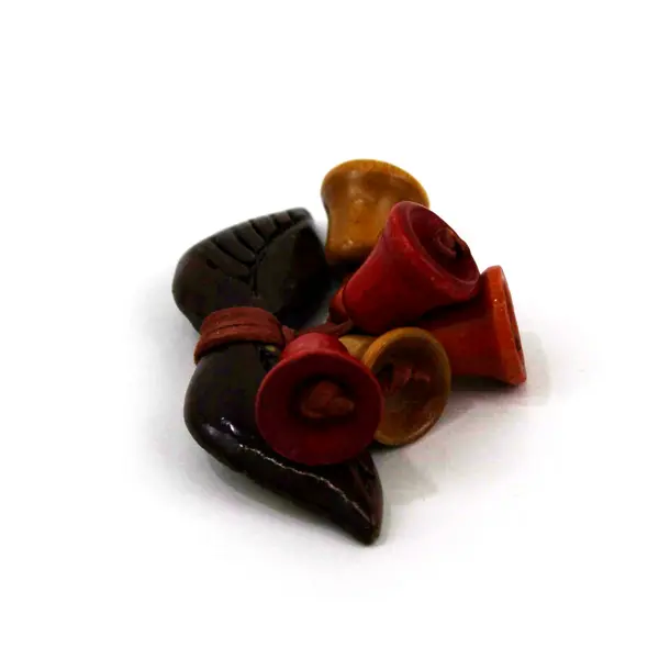 Miriam Haskell Carved Wood Leaf Brooch Colorful Wooden Bells Rustic Holiday