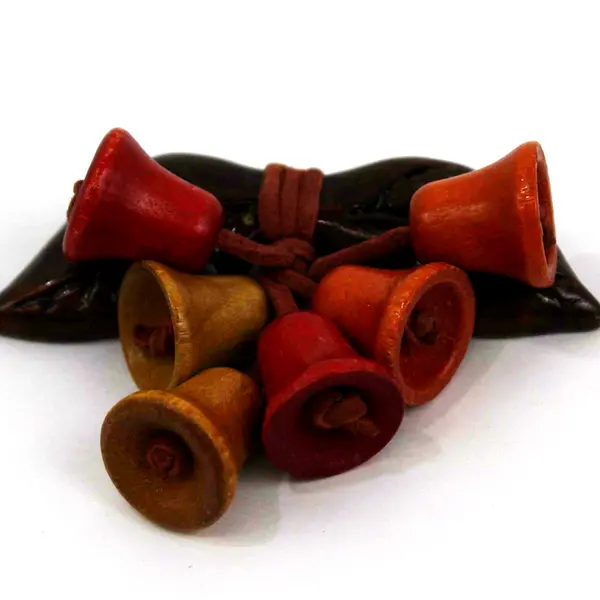 Miriam Haskell Carved Wood Leaf Brooch Colorful Wooden Bells Rustic Holiday