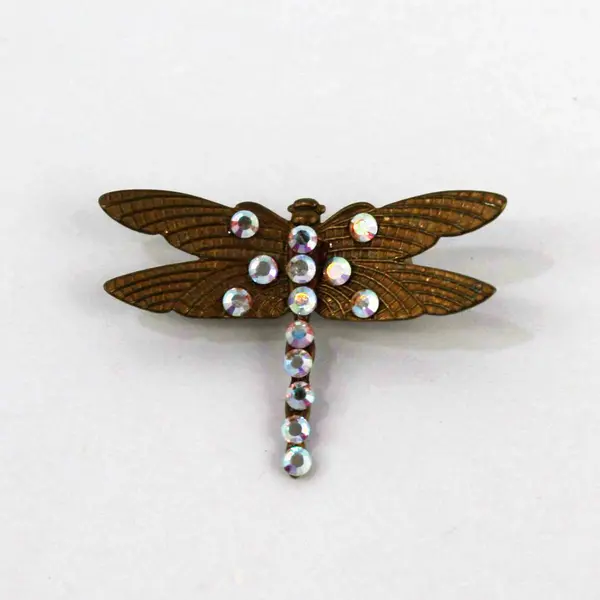Gold Tone Rhinestone Dragonfly Brooch Pin Colorful Accents